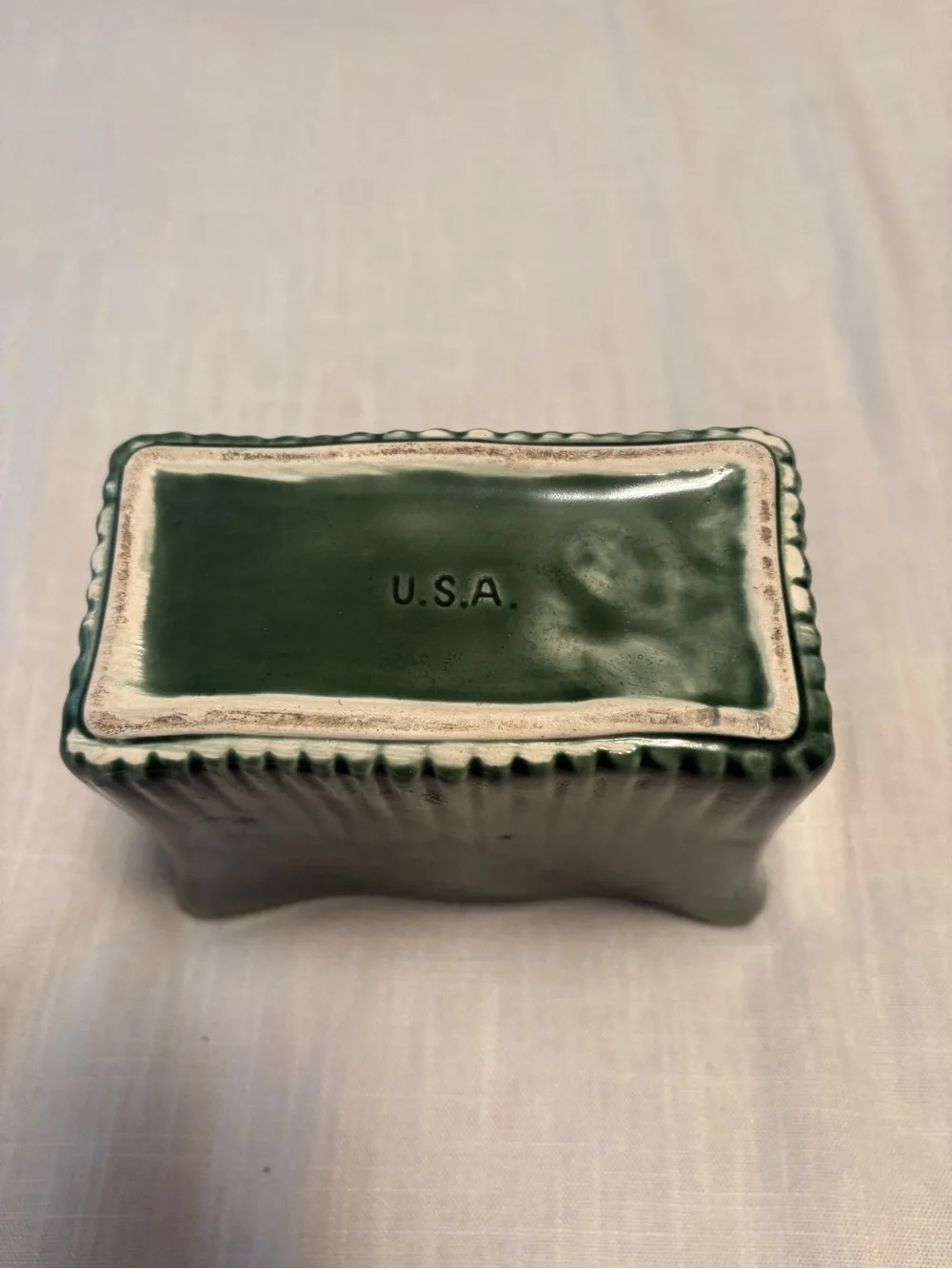 Vintage Green Ribbed Ceramic Planter Mid-Century Pottery USA